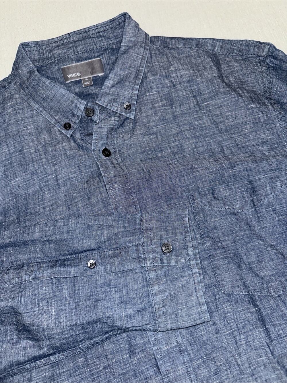 Vince Blue Linen Blend Button Up Shirt Long Sleeve Mens Size XL EUC